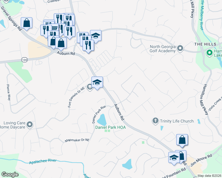 map of restaurants, bars, coffee shops, grocery stores, and more near 1732 Laurel Song Trail in Dacula