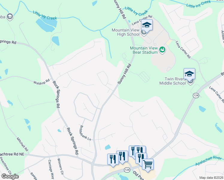 map of restaurants, bars, coffee shops, grocery stores, and more near 2198 Sunny Hill Road in Lawrenceville