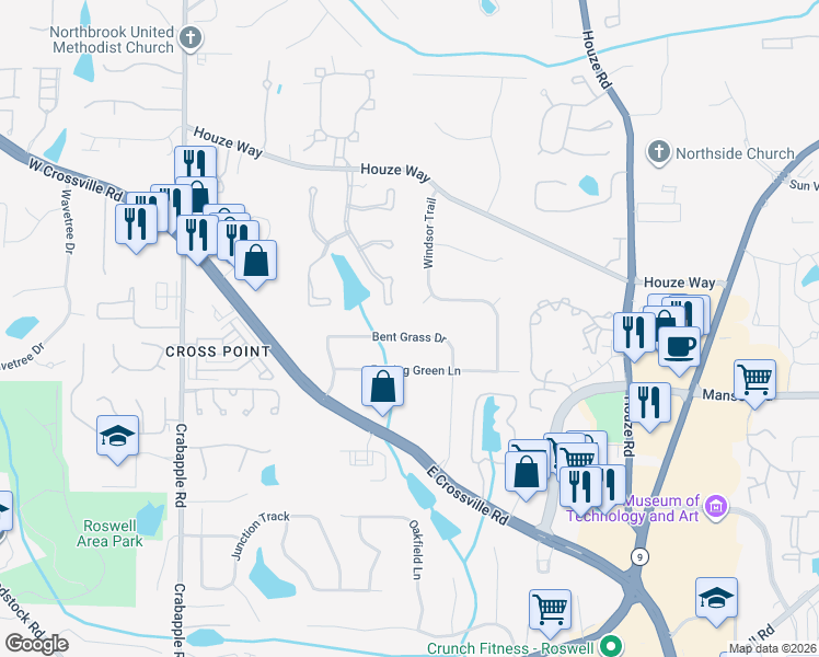 map of restaurants, bars, coffee shops, grocery stores, and more near 270 Bent Grass Drive in Roswell