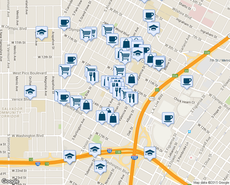 map of restaurants, bars, coffee shops, grocery stores, and more near 1275 South Union Avenue in Los Angeles