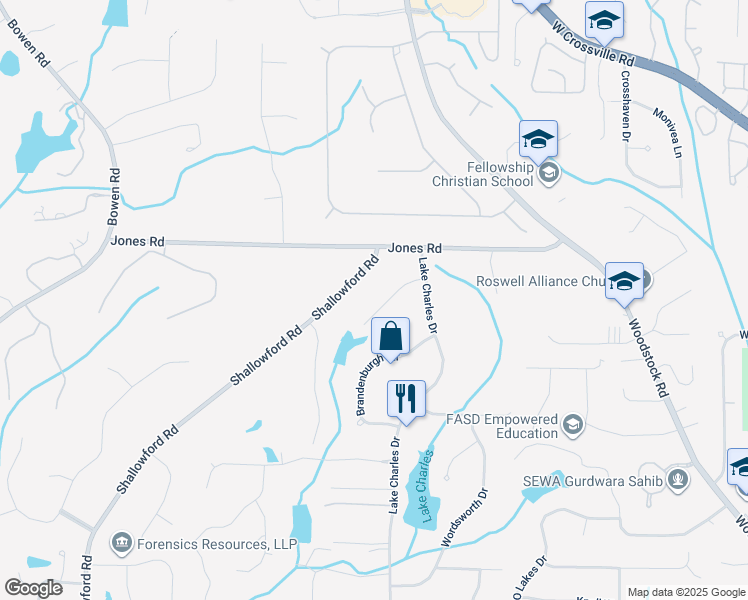 map of restaurants, bars, coffee shops, grocery stores, and more near 235 Wind Shadow Court in Roswell