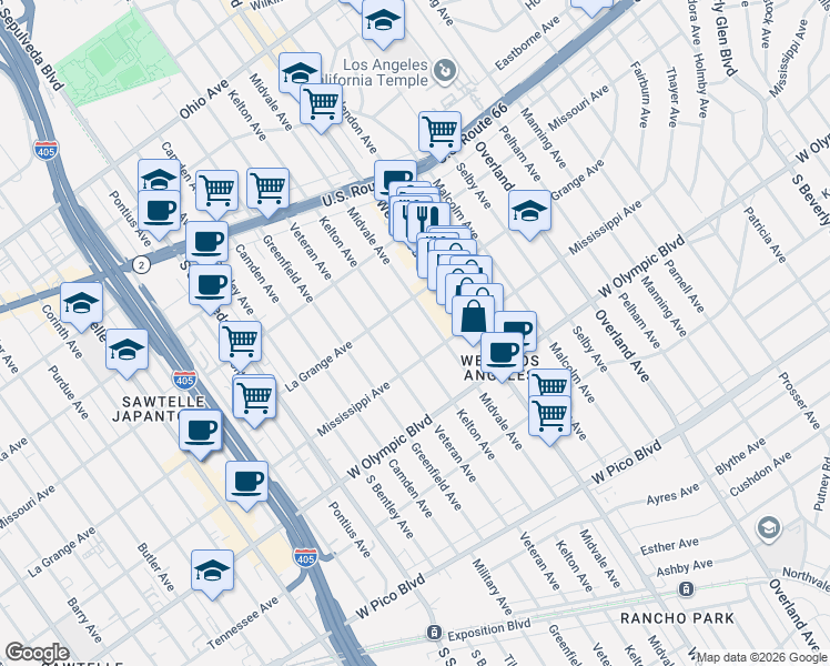 map of restaurants, bars, coffee shops, grocery stores, and more near 2006 Kelton Avenue in Los Angeles