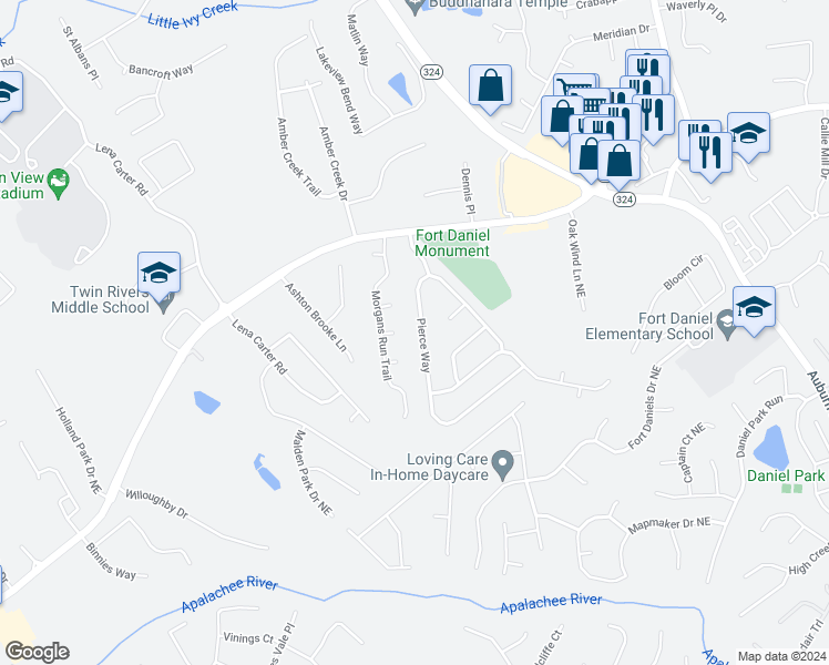 map of restaurants, bars, coffee shops, grocery stores, and more near 2427 Bulrush Court Northeast in Buford