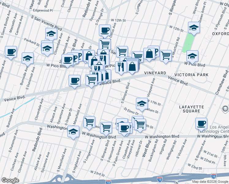 map of restaurants, bars, coffee shops, grocery stores, and more near 4842 West 17th Street in Los Angeles