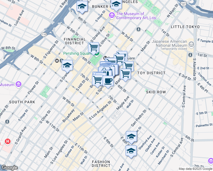 map of restaurants, bars, coffee shops, grocery stores, and more near 634 South Spring Street in Los Angeles