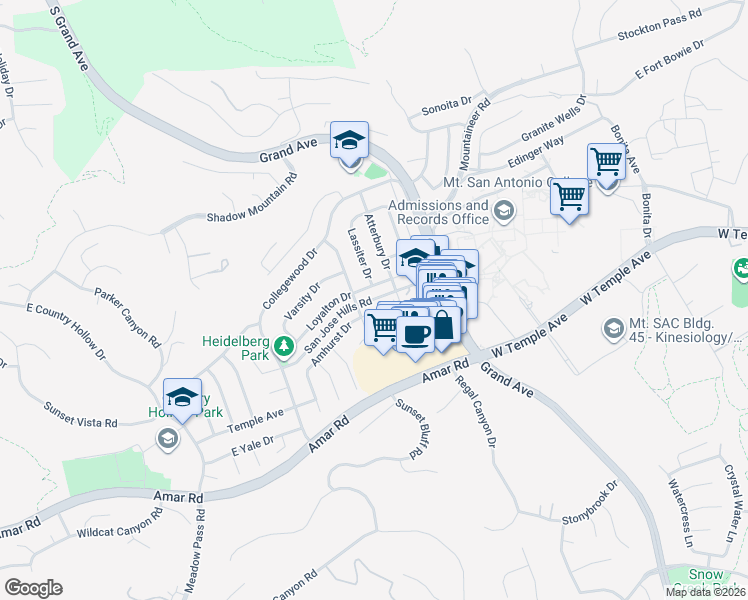 map of restaurants, bars, coffee shops, grocery stores, and more near San Jose Hills Road in Walnut