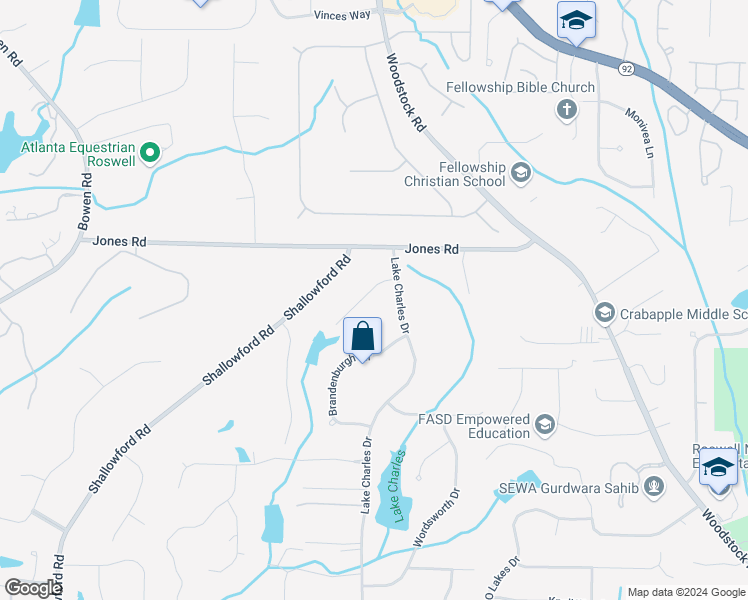 map of restaurants, bars, coffee shops, grocery stores, and more near 220 Wind Shadow Court in Roswell