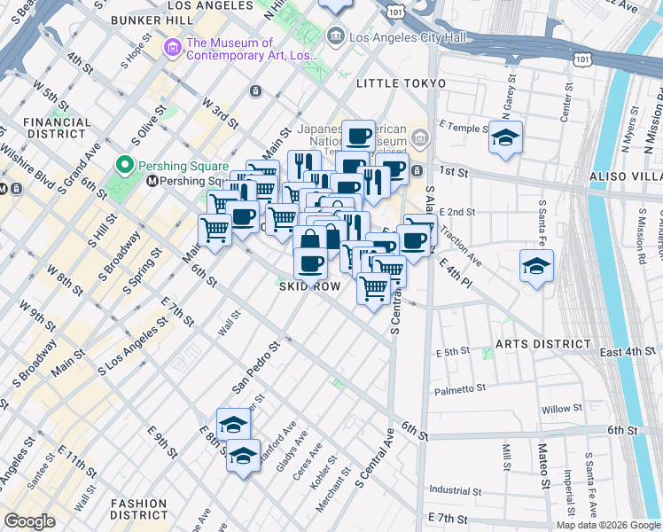 map of restaurants, bars, coffee shops, grocery stores, and more near in Los Angeles