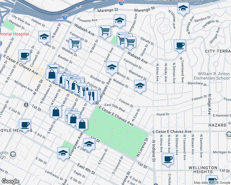 map of restaurants, bars, coffee shops, grocery stores, and more near 3040 Boulder Street in Los Angeles