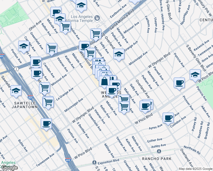 map of restaurants, bars, coffee shops, grocery stores, and more near 2116 Westwood Boulevard in Los Angeles