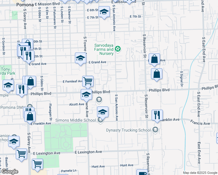 map of restaurants, bars, coffee shops, grocery stores, and more near 961 East Phillips Boulevard in Pomona