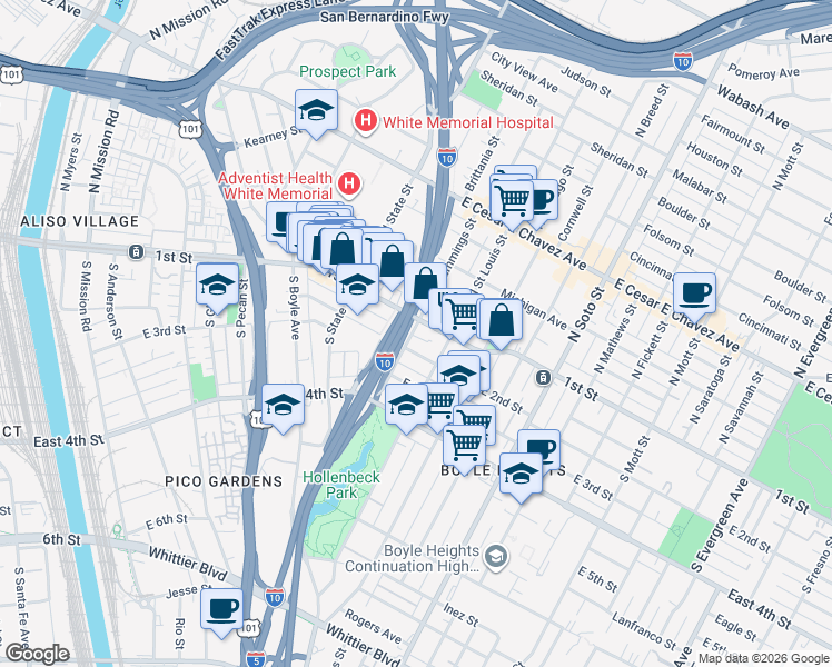 map of restaurants, bars, coffee shops, grocery stores, and more near in Los Angeles