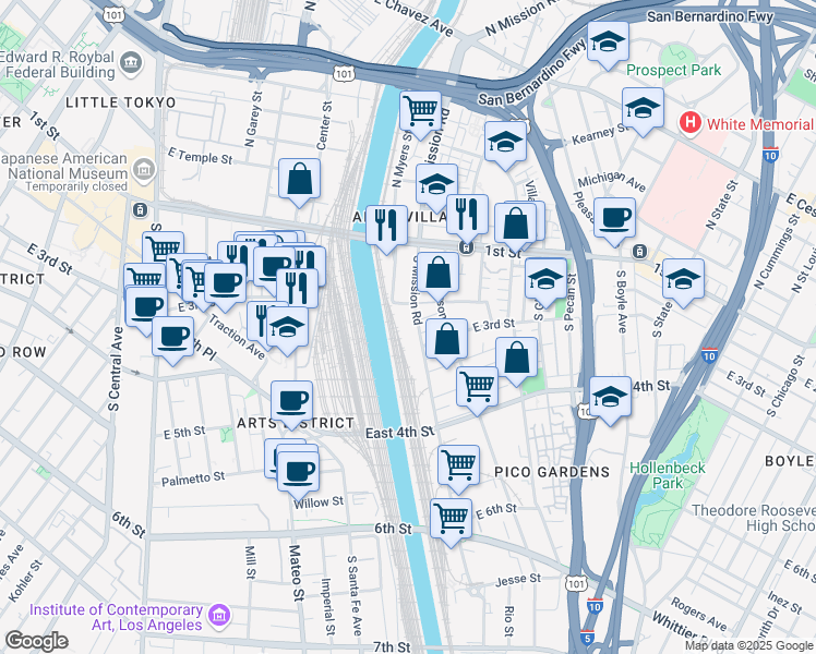 map of restaurants, bars, coffee shops, grocery stores, and more near 185 S Myers St in Los Angeles