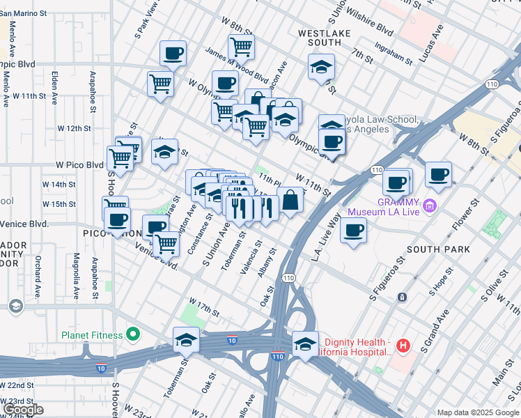 map of restaurants, bars, coffee shops, grocery stores, and more near 1513 West 12th Place in Los Angeles