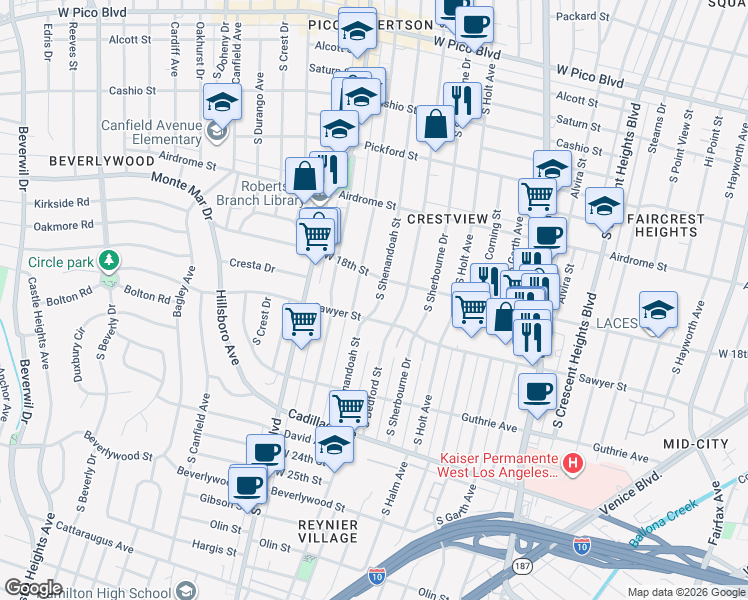 map of restaurants, bars, coffee shops, grocery stores, and more near 1823 South Shenandoah Street in Los Angeles