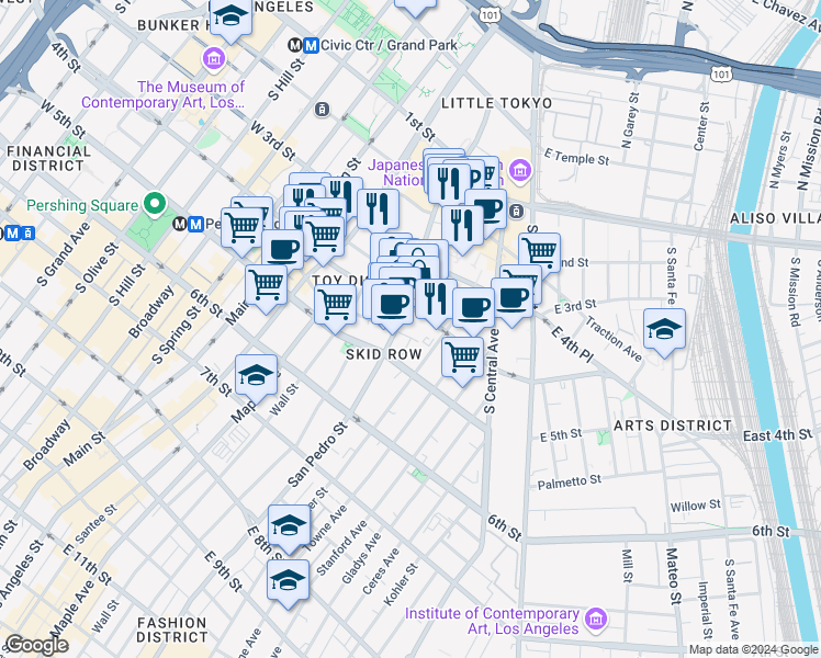 map of restaurants, bars, coffee shops, grocery stores, and more near 420 San Pedro Street in Los Angeles