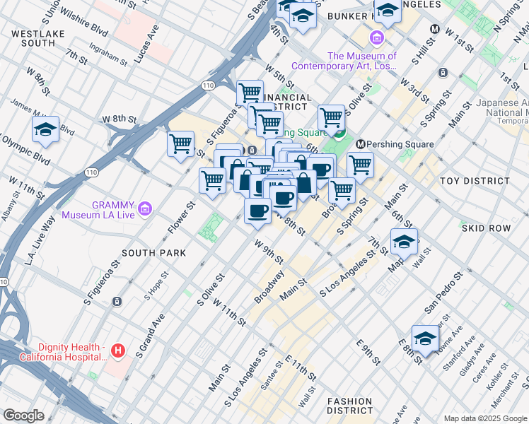map of restaurants, bars, coffee shops, grocery stores, and more near 770 South Grand Avenue in Los Angeles