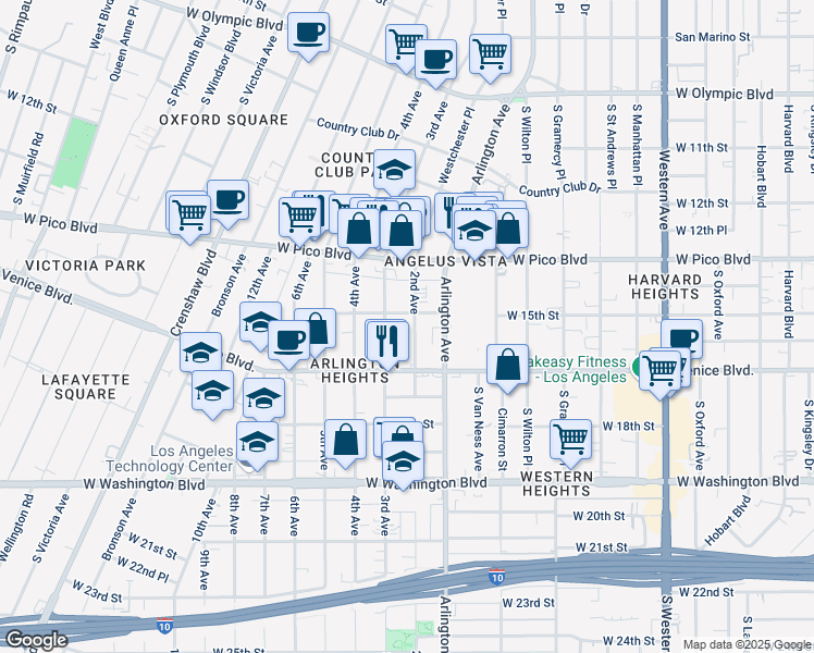map of restaurants, bars, coffee shops, grocery stores, and more near 1513 2nd Avenue in Los Angeles