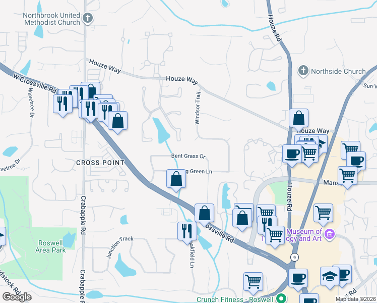 map of restaurants, bars, coffee shops, grocery stores, and more near 270 Bent Grass Drive in Roswell