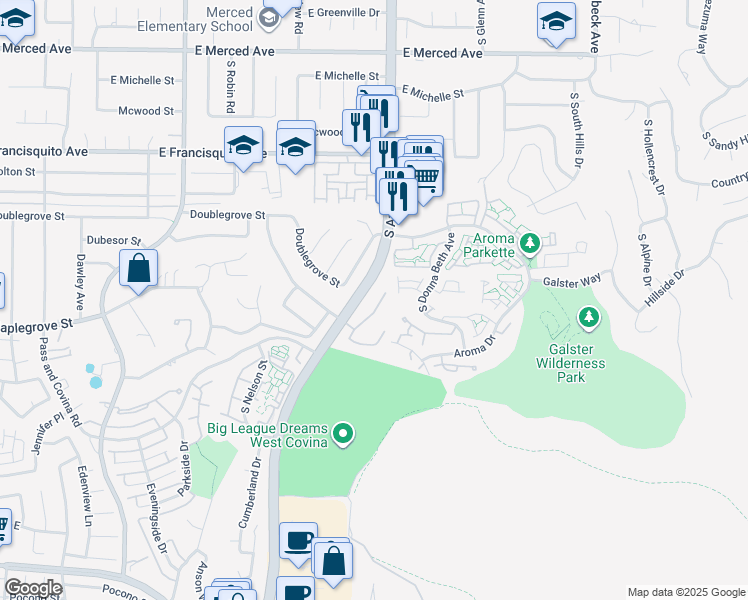 map of restaurants, bars, coffee shops, grocery stores, and more near 1611 Park Vista Way in West Covina