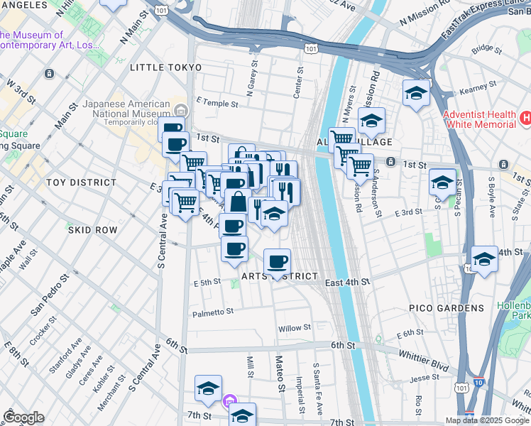 map of restaurants, bars, coffee shops, grocery stores, and more near 950 East 3rd Street in Los Angeles