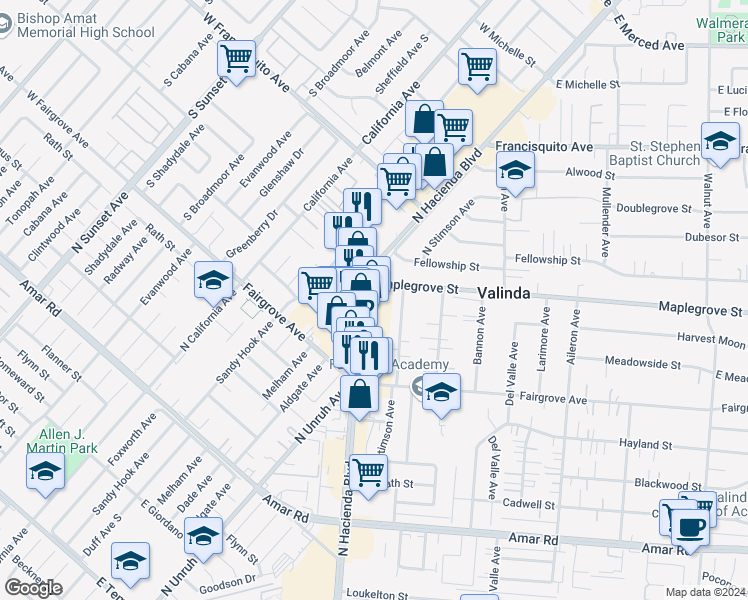 map of restaurants, bars, coffee shops, grocery stores, and more near 1340 North Hacienda Boulevard in La Puente