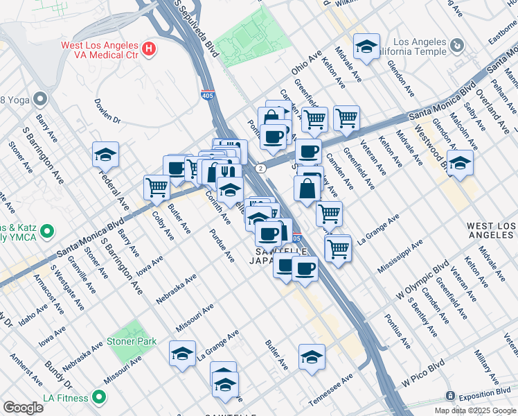 map of restaurants, bars, coffee shops, grocery stores, and more near 1761 Beloit Avenue in Los Angeles