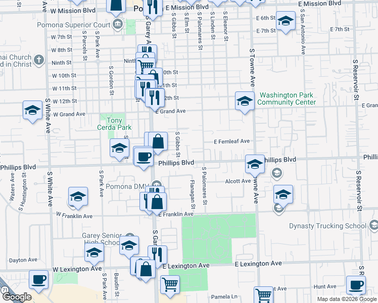map of restaurants, bars, coffee shops, grocery stores, and more near 369 East Phillips Boulevard in Pomona