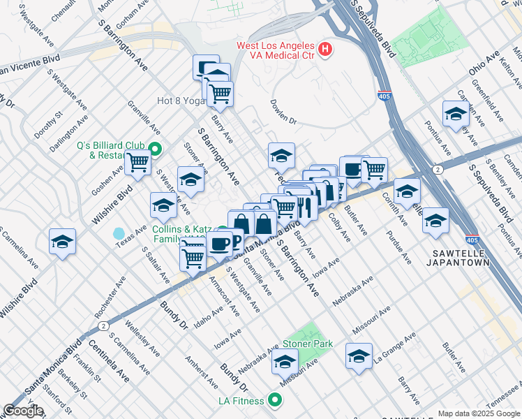 map of restaurants, bars, coffee shops, grocery stores, and more near 1450 South Barrington Avenue in Los Angeles
