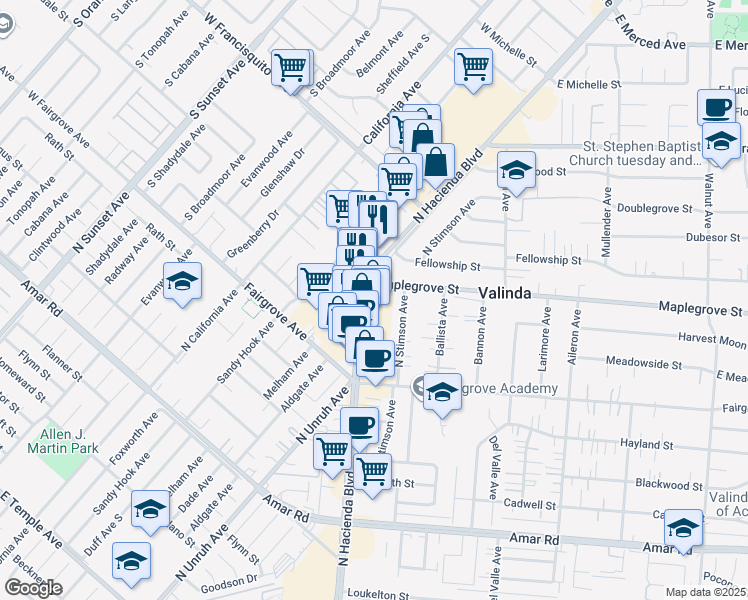 map of restaurants, bars, coffee shops, grocery stores, and more near 1340 North Hacienda Boulevard in La Puente