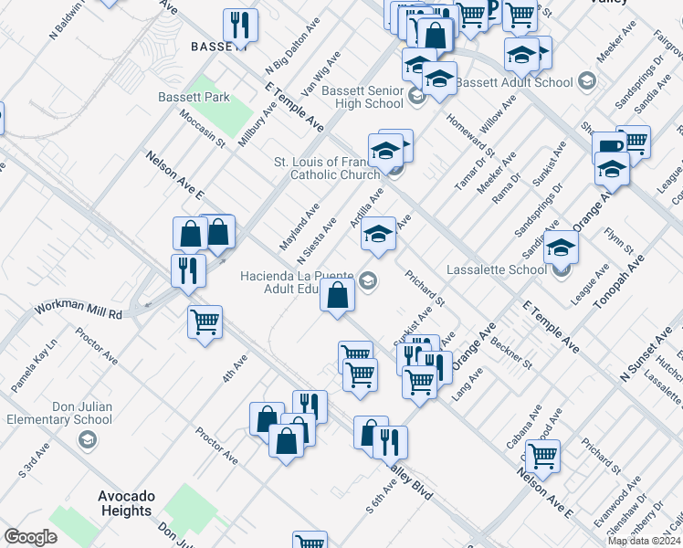 map of restaurants, bars, coffee shops, grocery stores, and more near 335 Willow Avenue in La Puente