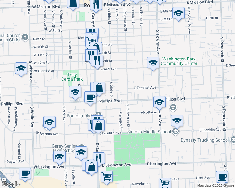 map of restaurants, bars, coffee shops, grocery stores, and more near 1444 South Gibbs Street in Pomona
