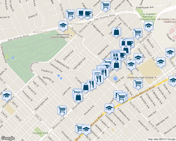 map of restaurants, bars, coffee shops, grocery stores, and more near 1019 Amherst Avenue in Los Angeles