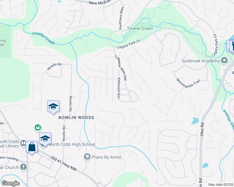 map of restaurants, bars, coffee shops, grocery stores, and more near 3814 Kirkwood Run in Kennesaw