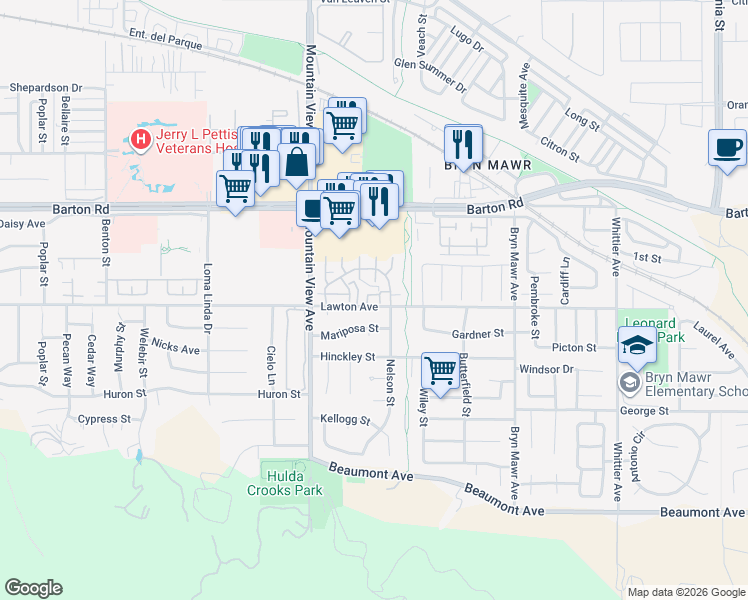 map of restaurants, bars, coffee shops, grocery stores, and more near 25844 Lawton Avenue in Loma Linda