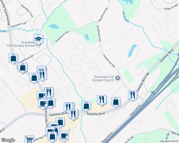 map of restaurants, bars, coffee shops, grocery stores, and more near 114 Morning Glen Court in Suwanee