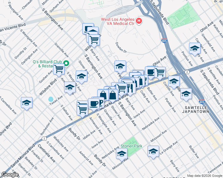 map of restaurants, bars, coffee shops, grocery stores, and more near 1443 Barry Avenue in Los Angeles