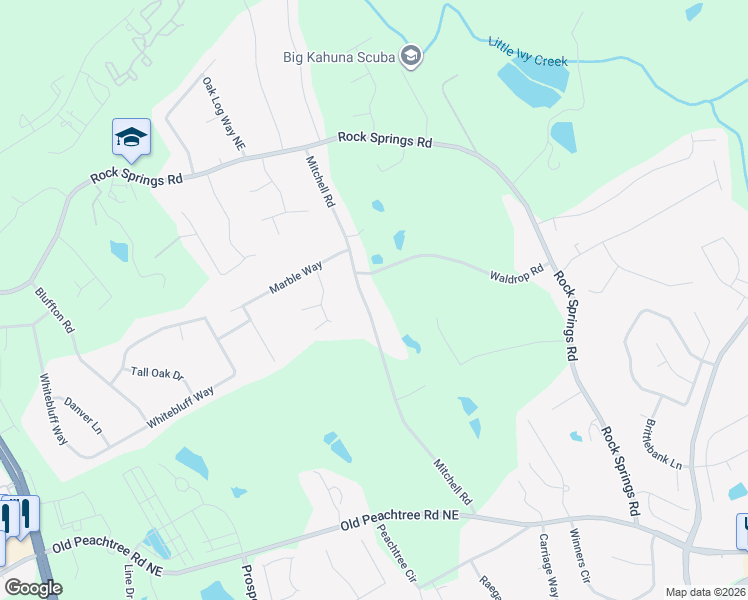 map of restaurants, bars, coffee shops, grocery stores, and more near 1633 Waldrop Road in Lawrenceville