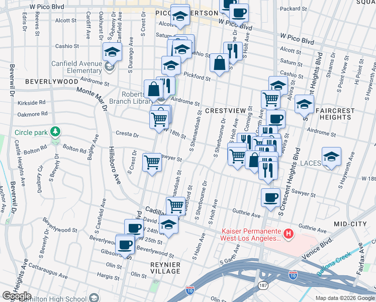 map of restaurants, bars, coffee shops, grocery stores, and more near 1823 South Shenandoah Street in Los Angeles