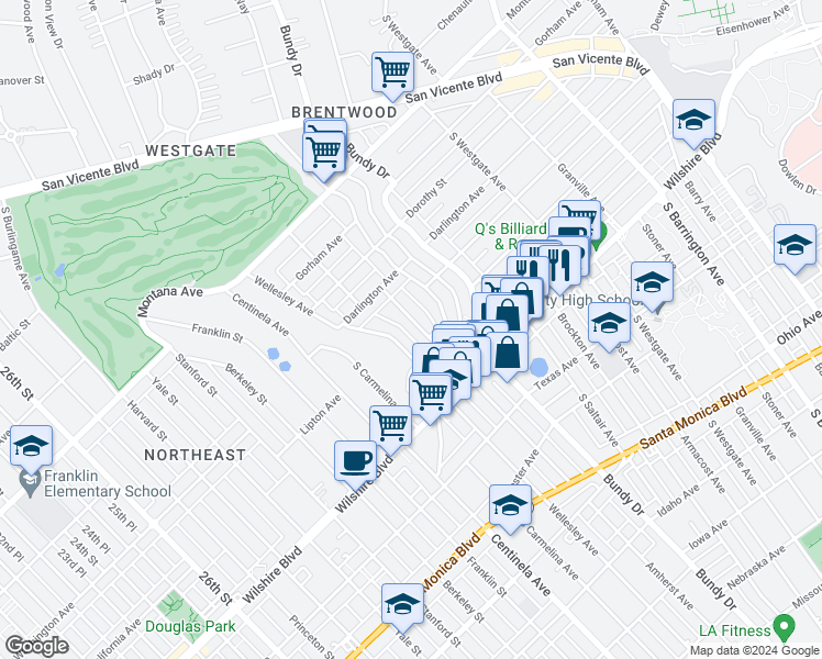 map of restaurants, bars, coffee shops, grocery stores, and more near 1019 Amherst Avenue in Los Angeles