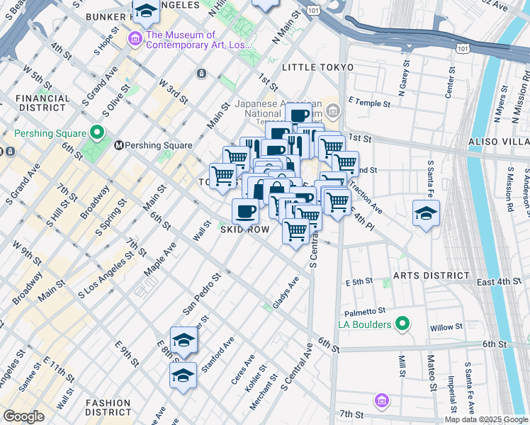 map of restaurants, bars, coffee shops, grocery stores, and more near 332 Omar Street in Los Angeles