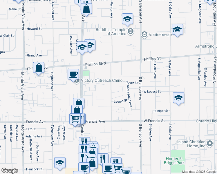 map of restaurants, bars, coffee shops, grocery stores, and more near 5483 Dover Street in Chino