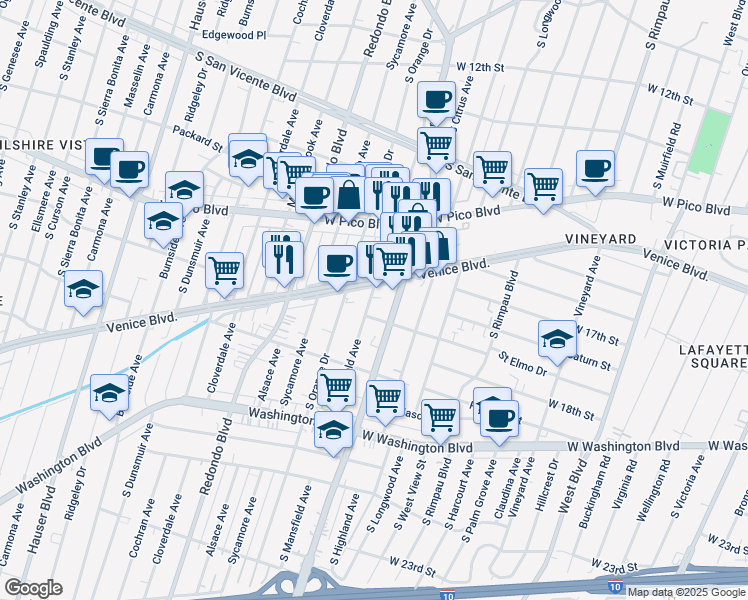 map of restaurants, bars, coffee shops, grocery stores, and more near 5008 Venice Boulevard in Los Angeles