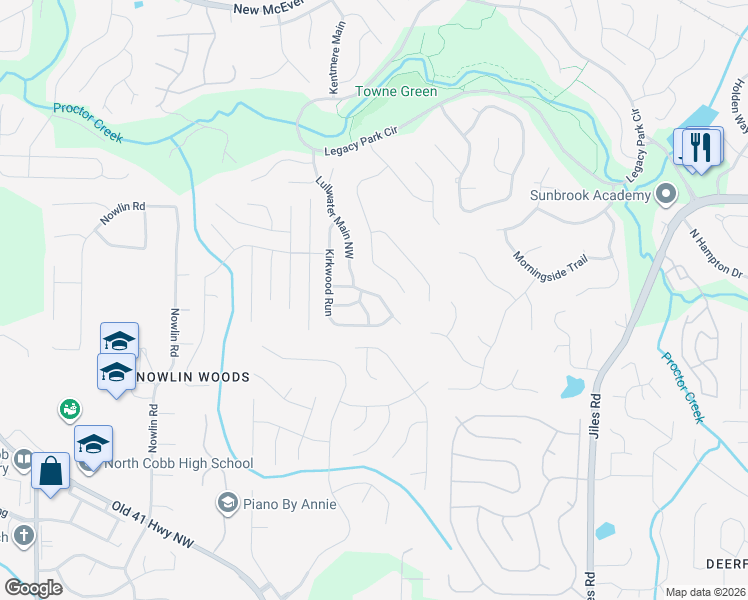 map of restaurants, bars, coffee shops, grocery stores, and more near 2983 Bancroft Glen in Kennesaw