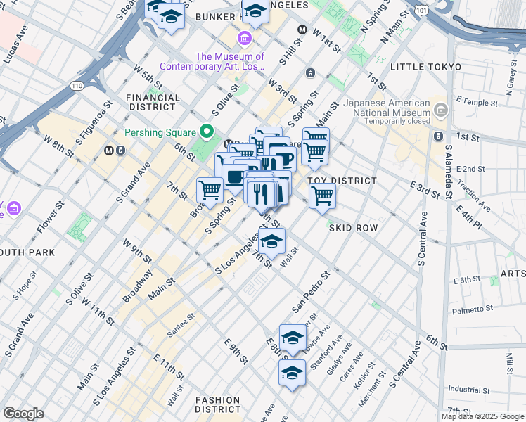 map of restaurants, bars, coffee shops, grocery stores, and more near 556 South Main Street in Los Angeles