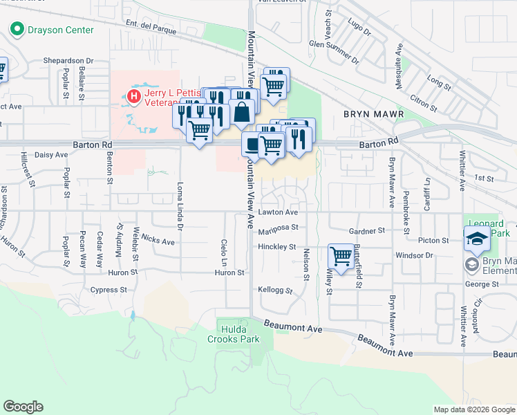 map of restaurants, bars, coffee shops, grocery stores, and more near 25730 Lawton Avenue in Loma Linda