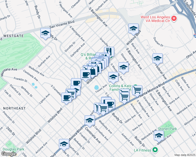 map of restaurants, bars, coffee shops, grocery stores, and more near 1216 South Saltair Avenue in Los Angeles