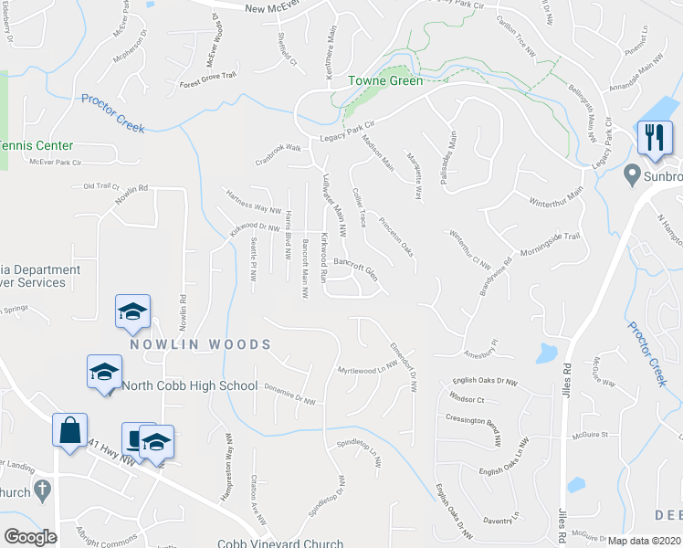 map of restaurants, bars, coffee shops, grocery stores, and more near 2944 Monrovia Trail in Kennesaw