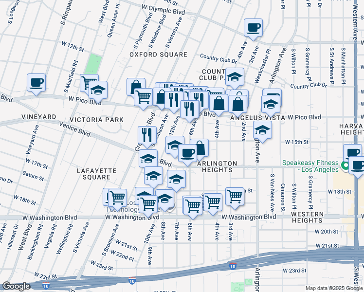 map of restaurants, bars, coffee shops, grocery stores, and more near 1436 South Norton Avenue in Los Angeles