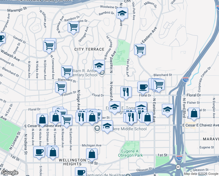 map of restaurants, bars, coffee shops, grocery stores, and more near 727 North Hazard Avenue in Los Angeles